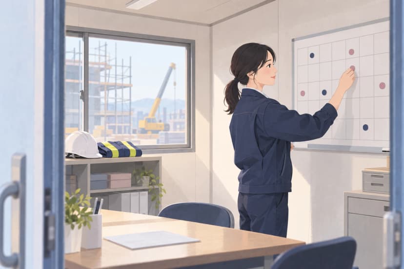 プレハブの工事事務所の中で、紺の作業着の女性が壁のマス目のボードに丸い磁石を貼っている。棚には白いヘルメットと反射ベスト、窓の外には足場とクレーンが見える。