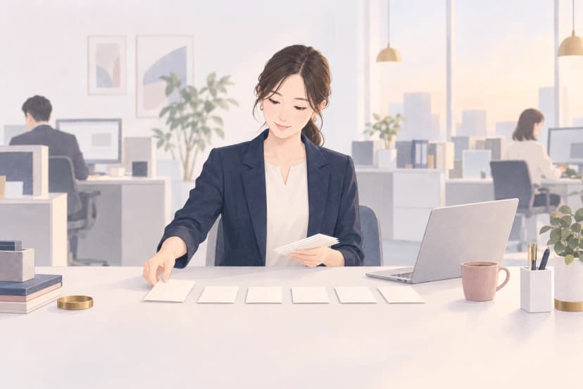 明るい事務所の机で、紺のジャケットの女性が、何も書かれていない白い封筒を机の上に一列に並べている。片手には封筒の束を持っている。机にはノートパソコン、ピンクのマグカップ、ペン立て、観葉植物がある。奥では同僚がパソコンに向かっている。