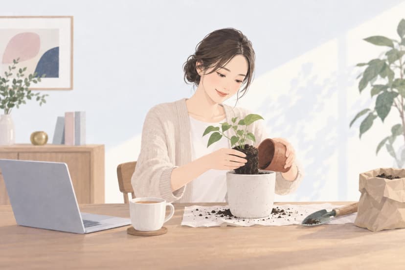 明るいダイニングテーブルで、ベージュのカーディガンを着た30代の女性が、小さな素焼きの鉢から土ごと抜いた苗を、白い大きな鉢へ植え替えている。机の上には横から見たノートパソコン、紅茶の入ったマグ、移植ごて、土の入った紙袋があり、後ろの棚には本と観葉植物が置かれている。