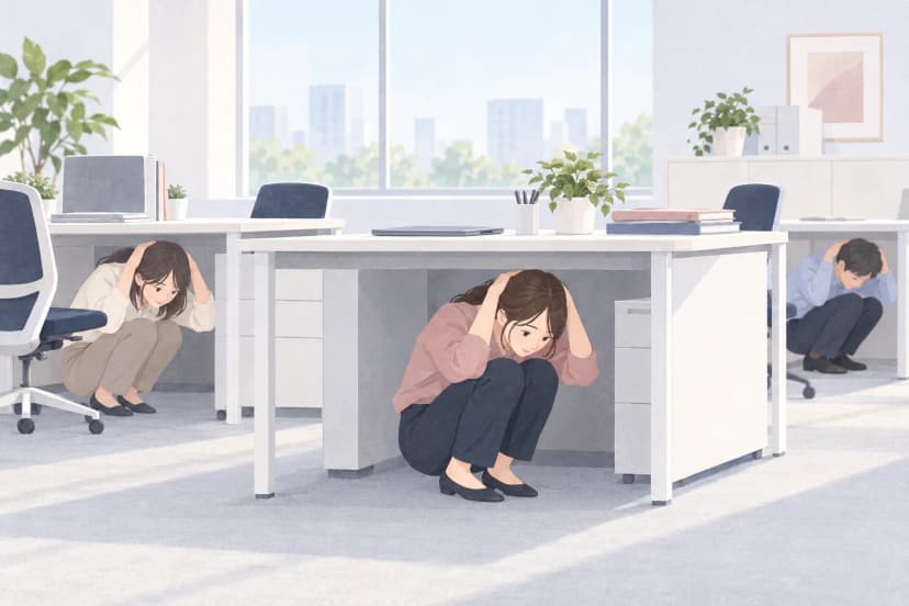明るいオフィスで、3人の社員がそれぞれ白い机の下にしゃがみ、両手で頭の後ろを覆っている訓練の場面。机の上にはノートパソコンや観葉植物があり、窓から柔らかい光が入っている。