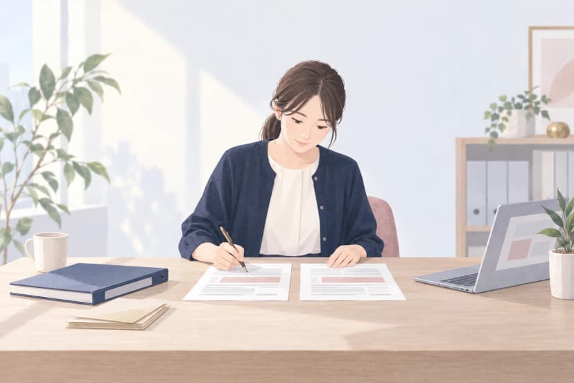 会議机で、紺のカーディガンの女性が2枚の書類を左右に並べ、ペンで一方に印を付けている。机には閉じたバインダー、封筒の束、ノートパソコン、マグカップと鉢植え。