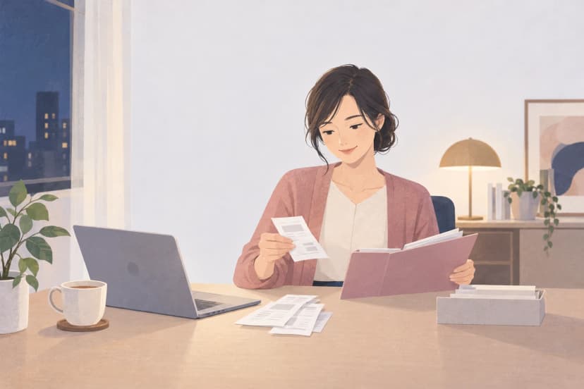 夜の部屋で、30代の女性が机に向かい、医療費の領収書を見ながらピンクのファイルに整理している。机にはノートパソコンと紅茶のカップ、観葉植物。