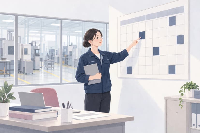 工場の事務所で、紺の作業着を着た30代の女性が、マス目の一部が紺で塗られた大きな壁のカレンダーを指さしている。後ろの窓の向こうには、止まった機械と黄色い床の線が見える。