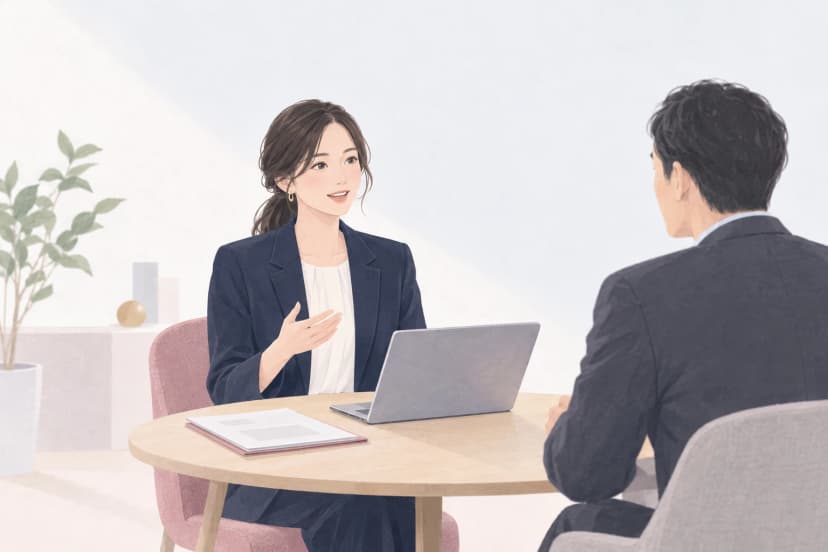 明るい打ち合わせの席で、紺のジャケットを着た30代の女性が、テーブルの向かいに座る上司に手ぶりを交えて話している。テーブルには資料のファイルとノートパソコンがある。
