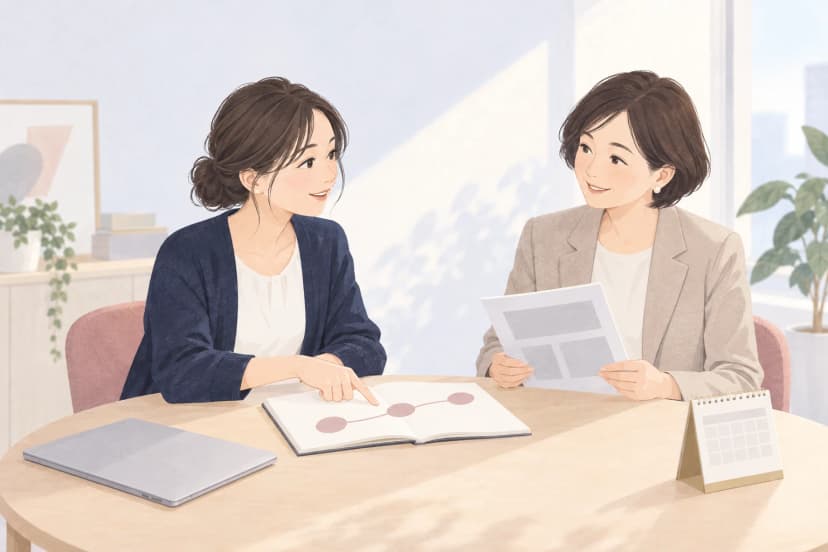 明るい会議スペースの丸いテーブルで、紺のカーディガンを着た30代前半の女性が、3つの丸を線でつないだ図のあるノートを指さしながら、ベージュのジャケットを着た40代の女性と話している。相手の女性は灰色の四角だけが描かれた案内の紙を持っている。テーブルには閉じたノートパソコンと卓上カレンダーがある。