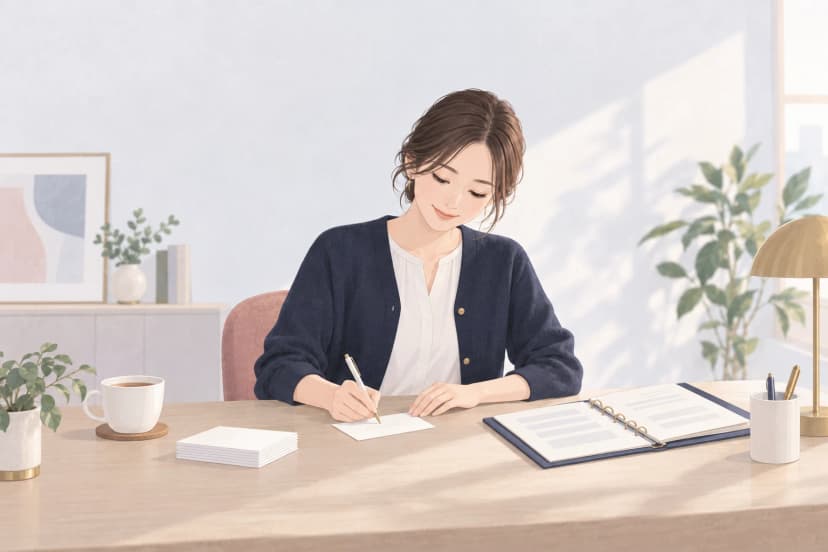 明るい事務所の机で、紺のカーディガンを着た30代の女性が白いはがきにペンで書き込んでいる。机には白いはがきの束、灰色の線だけの名簿を開いたバインダー、紅茶のカップ、観葉植物がある。