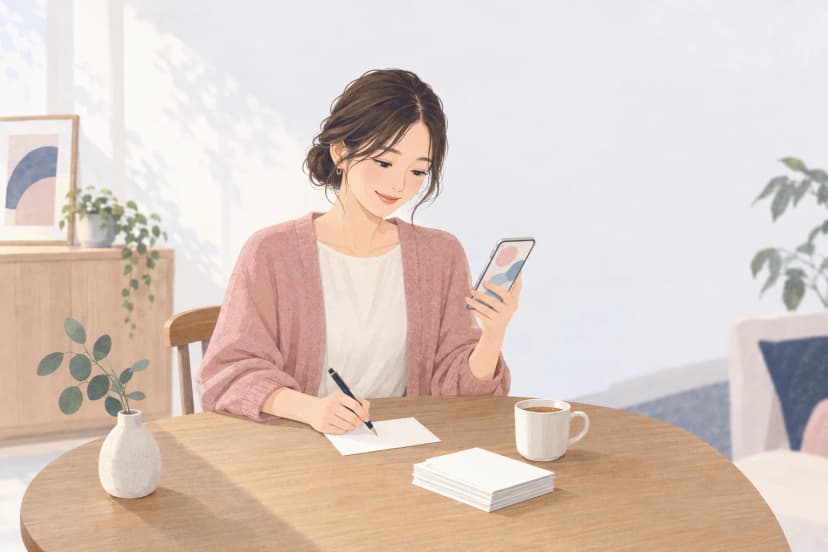 明るい部屋の木の丸テーブルで、ピンクのカーディガンを着た20代後半の女性が、左手でスマートフォンの画面を見ながら、右手のペンで白いはがきに一言を書いている。テーブルの上には、白いはがきの束と紅茶のマグカップ、小さな花瓶の緑が置かれている。