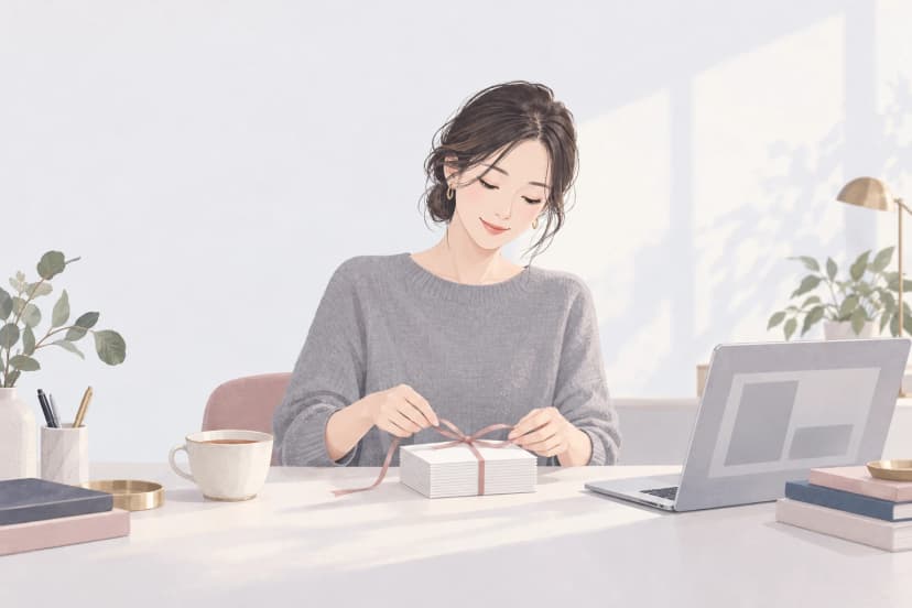 明るい部屋の机で、灰色のニットを着た30代の女性が、白いはがきの束にピンクのリボンを結んでいる。机には紅茶のカップ、灰色の画面のノートパソコン、本が置かれている。