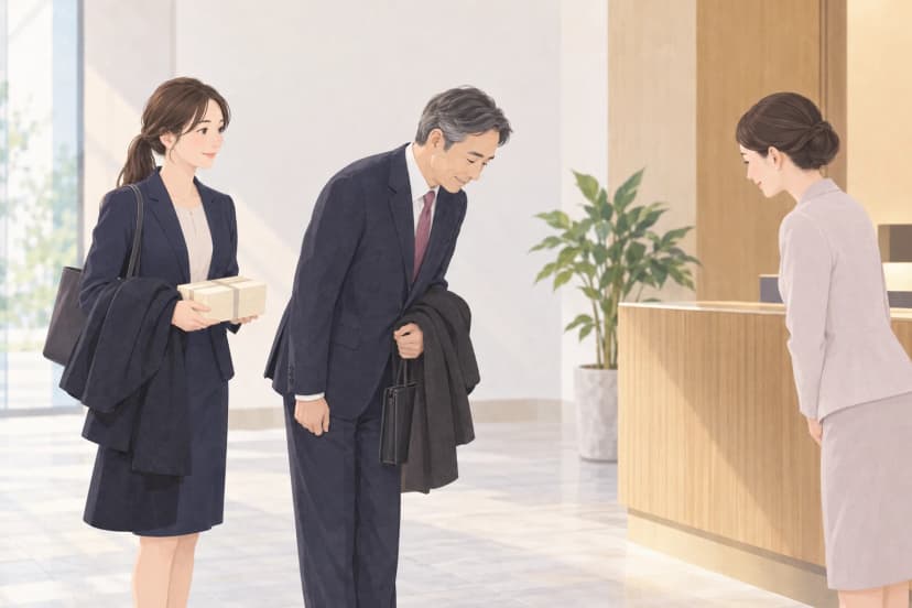イラスト。会社のロビーの受付カウンターの前で、年配の男性の上司が先方の女性に会釈し、その半歩うしろで紺のスーツの若い女性が、包装した箱を両手で持って立っている。二人ともコートを腕にかけている。