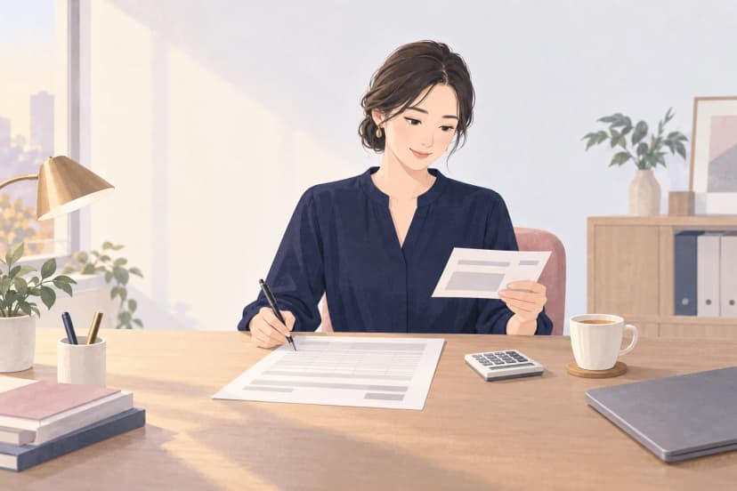明るい事務所の机で、紺のブラウスの女性が片手に納付書のような紙を持ち、もう一方の手のペンで机の上の表に書き込んでいる。机には電卓、コーヒーのカップ、閉じたノートパソコン、ペン立てがある。紙には文字がなく灰色の線だけが描かれている。