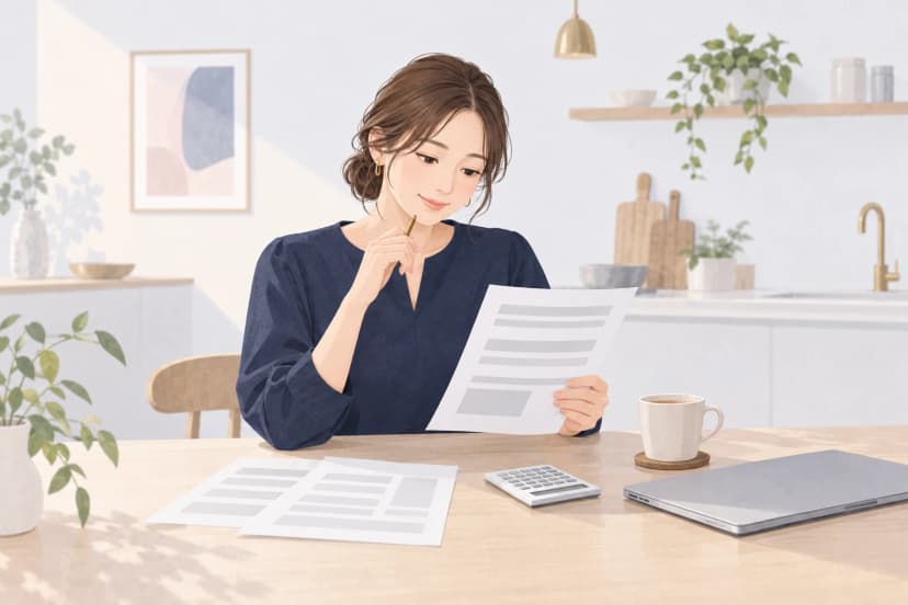 明るいキッチンのテーブルで、紺のブラウスの女性が印刷した明細を手に持ち、鉛筆を口元に当てて読んでいる。机には書類、電卓、紅茶のカップ、閉じたノートパソコンがある。
