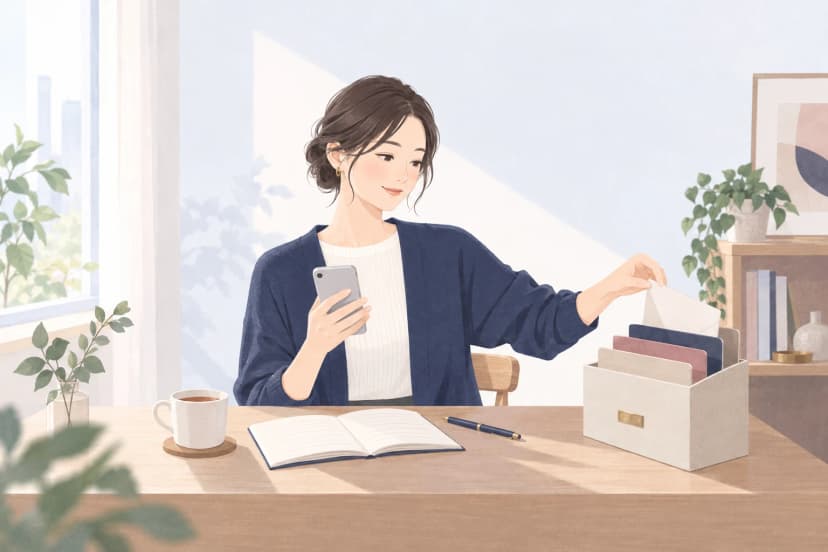 窓辺の木の机で、紺のカーディガンを着た30代の女性が、片手にスマートフォンを持ち、もう片方の手で封筒を机の上のファイルボックスに入れている。ボックスの仕切りは紺、くすんだローズ、ベージュの3つ。机の上には罫線だけのノートとペン、紅茶のカップがある。