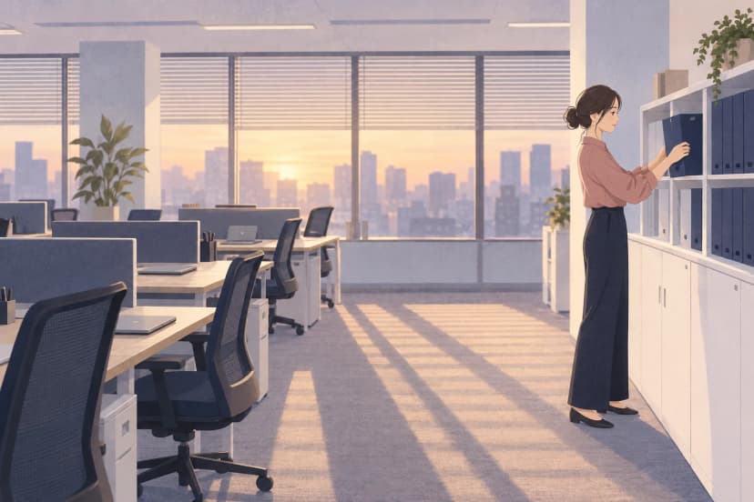 夕方の静かなオフィスを横から見た絵。右側で、くすみローズのブラウスを着た30代の女性が、白い棚の前に立って紺のファイルボックスを棚に収めている。左には人のいない机と椅子が奥へ並び、大きな窓のブラインド越しに低い夕日が差して、床に長い影の縞を落としている。