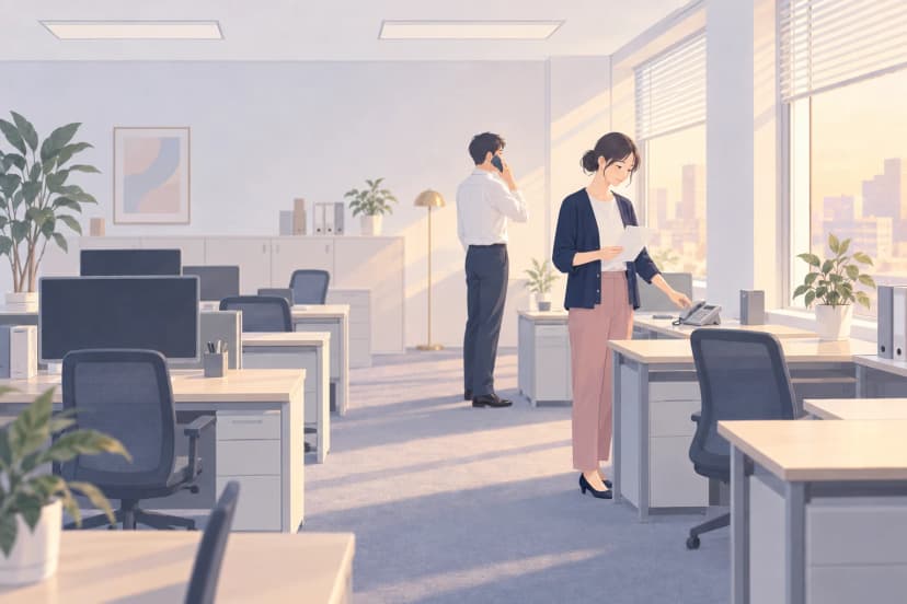 夕方のオフィスを遠くから見た絵。片付いた机が並び、モニターは消えている。窓辺で紺のカーディガンを着た30代の女性が、白紙の紙を手に机の電話機のボタンを押している。少し離れたところで、男性の同僚がスマートフォンを耳に当て、電話をかけて案内を聞いている。窓の外には夕日とビルの街並みが見える。
