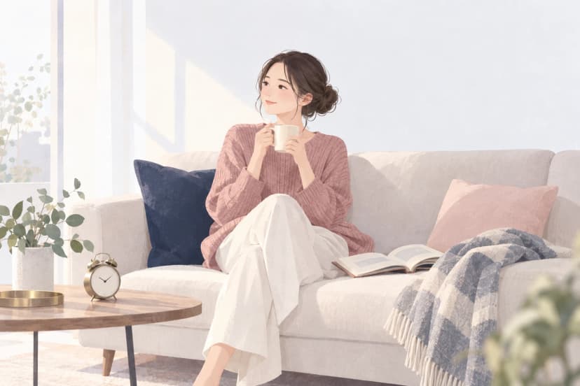 明るい居間のソファで、クリーム色のセーターを着た30代の女性が、両手でマグカップを持ち、窓の外を見ている。横に畳んだブランケットと開いた本、時計が置かれている。