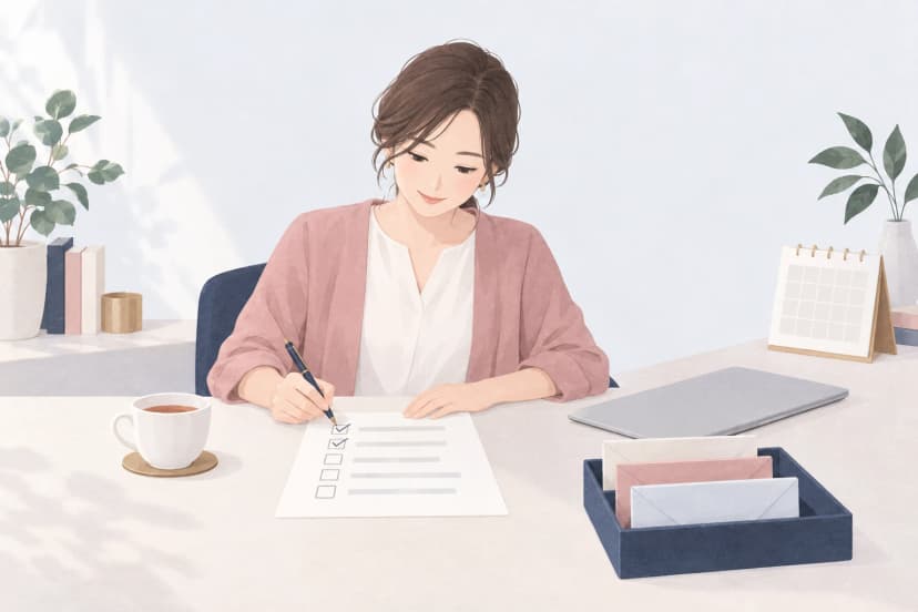 明るい部屋の机で、ピンクのカーディガンを着た30代の女性が、印刷したチェックリストの行にペンで印を付けている。机には紅茶のカップ、閉じたノートパソコン、封筒を立てた紺のトレー、マス目だけの卓上カレンダーがある。