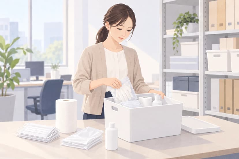 明るいオフィスの棚の前で、ベージュのカーディガンを着た30代の女性が、ふた付きの白い箱に使い捨ての手袋の袋を入れている。箱の中にはペーパータオルのロールとマスク、白いボトル。机の上には重ねたマスク、ペーパータオル、たたんだビニール袋、ラベルのない白いボトルが並んでいる。
