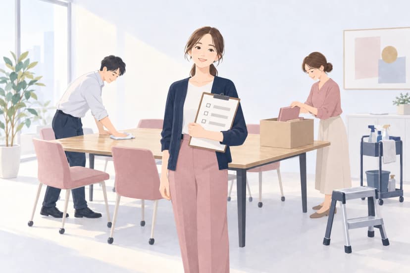明るいオフィスで、紺のカーディガンを着た30代の女性がチェックリストを挟んだクリップボードを持って立っている。後ろでは男性の同僚が会議机を拭き、女性の同僚が段ボール箱にファイルを詰めている。脇には踏み台と掃除用品を載せたワゴンがある。