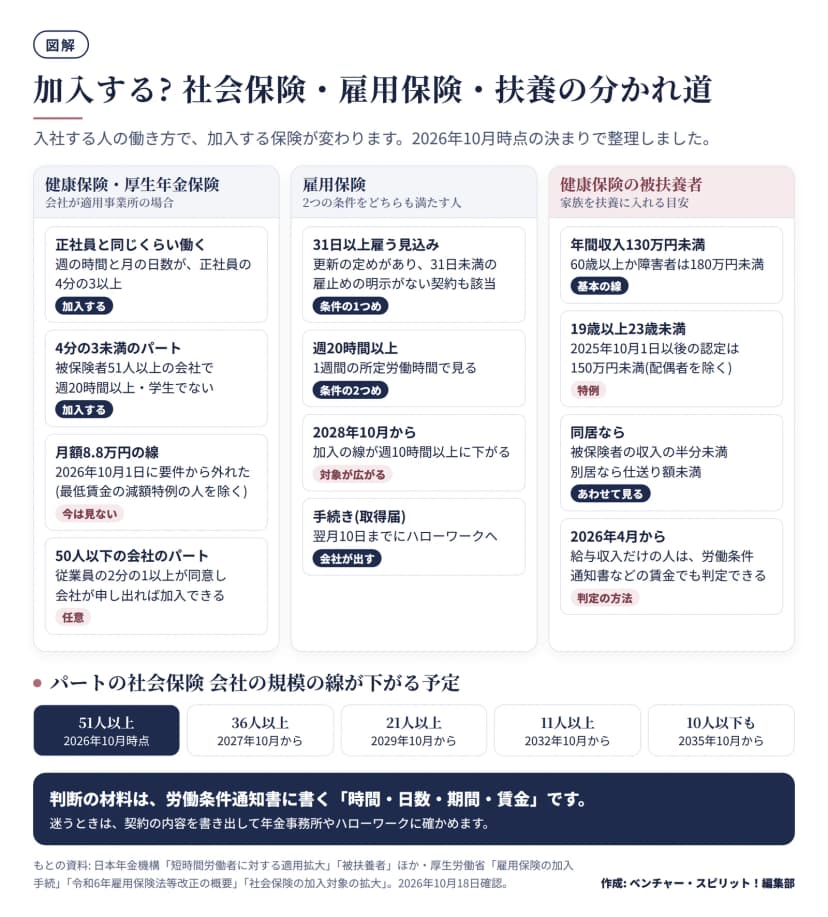 加入の判断を3列で示した図。健康保険・厚生年金保険: 正社員の4分の3以上働く人は加入、4分の3未満でも厚生年金保険の被保険者51人以上の会社で週20時間以上・学生でなければ加入、月額8.8万円の要件は2026年10月1日に撤廃(最低賃金の減額特例の人を除く)、50人以下の会社のパートは従業員の2分の1以上が同意し会社が申し出れば加入できる。雇用保険: 31日以上雇う見込み(更新の定めがあり、31日未満の雇止めの明示がない契約も該当)と週20時間以上の2つの条件、2028年10月から週10時間以上、取得届は翌月10日までにハローワークへ。健康保険の被扶養者: 年間収入130万円未満(60歳以上か障害者は180万円未満)、19歳以上23歳未満は2025年10月1日以後の認定で150万円未満(配偶者を除く)、同居なら被保険者の収入の半分未満・別居なら仕送り額未満、2026年4月から給与収入だけの人は労働条件通知書などの賃金でも判定できる。下段にパートの社会保険の企業規模の線が51人以上(2026年10月時点)、36人以上(2027年10月)、21人以上(2029年10月)、11人以上(2032年10月)、10人以下も(2035年10月)と下がる予定を示す。