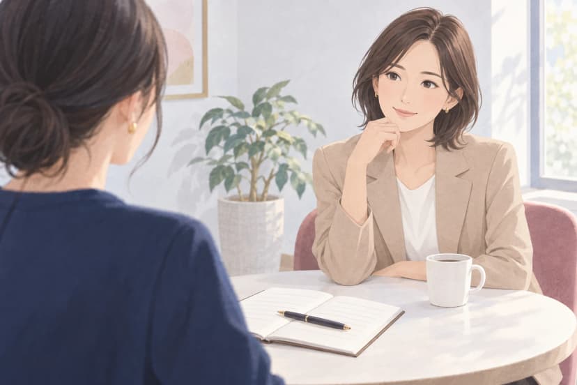 窓際の小さな丸いテーブルで、紺色の服の女性の肩越しに、ベージュの上着の上司が穏やかに話を聞いている。テーブルには罫線だけのノートとペン、白いカップが置かれている。