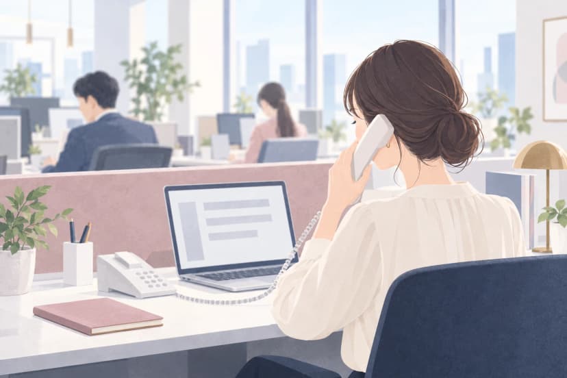 オフィスの机で、白いブラウスの女性が受話器を耳に当てて話している様子を、肩の後ろから見た絵。机の上のノートパソコンには灰色の帯だけが映り、電話機とノートが置かれている。