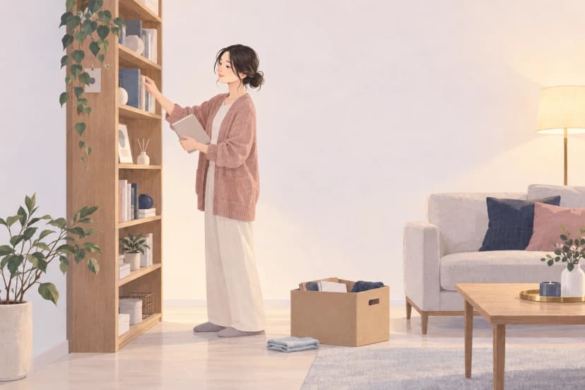 夜のリビングで、カーディガンを着た30代の女性が本棚の上のほうの本を整えている。足元には、手放す物を入れる段ボール箱と畳んだ布が置かれている。
