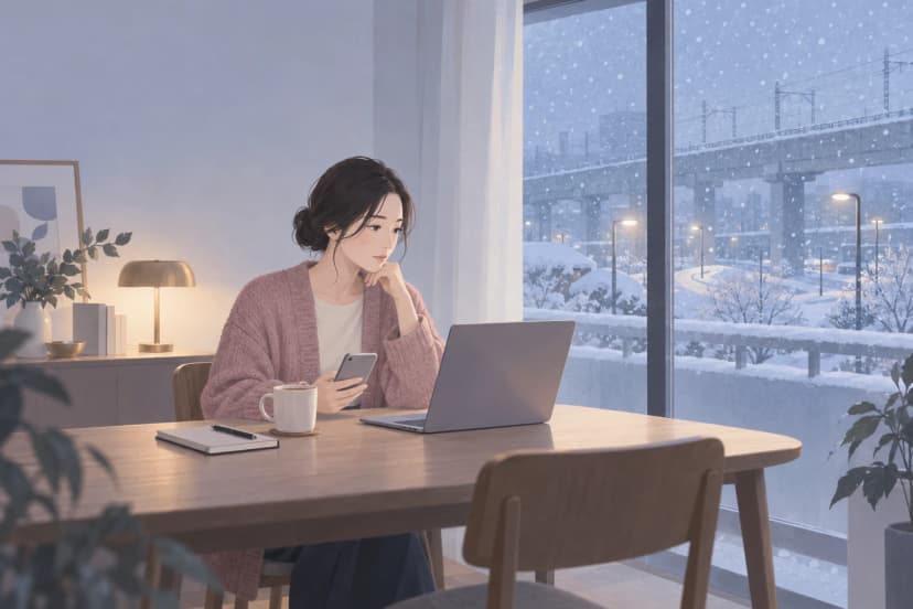 雪の降る夜明け前、マンションの窓辺のダイニングテーブルで、くすんだピンクのカーディガンを着た30代の女性が、スマートフォンを手に頬杖をつき、開いたノートパソコンを見ている。机にはマグカップとノート、ペン。窓の外では雪が降り、雪の積もった高架の線路に電車は走っておらず、街灯が道を照らしている。