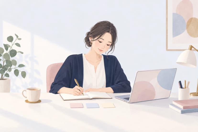 明るい部屋の机で、紺のカーディガンを着た30代の女性が、開いたノートにペンで書き込んでいる。右には淡い色の形だけが映ったノートパソコン、机の上には3色の白紙のふせん、紅茶のカップ、ペン立て、観葉植物がある。