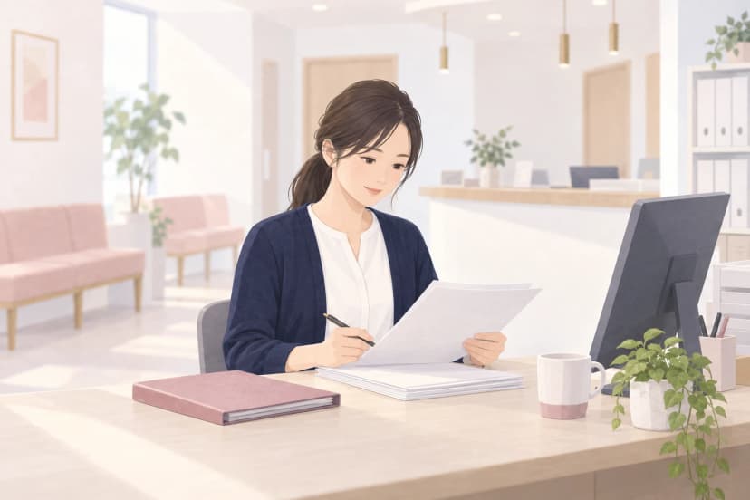 診療所の受付の奥の事務スペースで、紺のカーディガンを着た30代の女性が、机に向かってペンを持ち、白い書類を落ち着いて確認している。横には向きを変えたモニター、ピンクのバインダー、マグカップ、観葉植物。奥には受付のカウンターと、誰もいない待合のソファが見える。