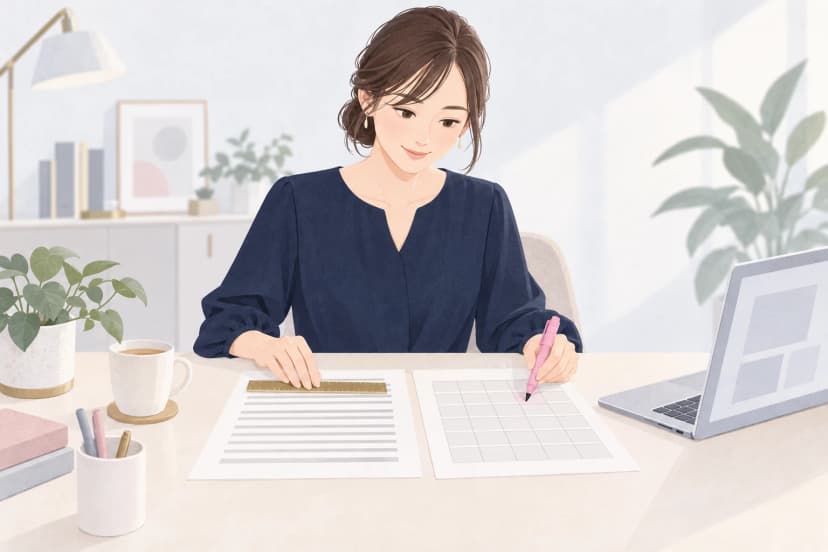 明るいオフィスの机で、紺のブラウスの20代後半の女性が、灰色の線が並ぶ印刷した文と、空欄のマス目が並ぶ表の紙を左右に並べている。左手で文の紙に定規を当て、右手のピンクのマーカーで表のマスに印を付けている。机の右には淡い四角形だけが映るノートパソコン、左には観葉植物と紅茶のカップ、ペン立て、ピンクと紺の本がある。