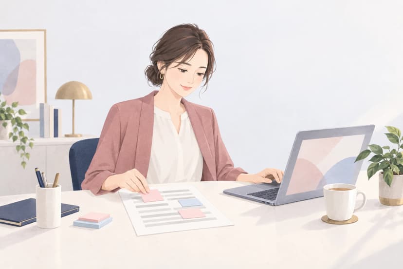 明るい部屋の白い机で、ローズ色のジャケットの30代の女性が、灰色の線だけが並ぶ印刷した紙の上に、小さなピンクと水色のふせんを貼っている。右手は開いたノートパソコンのキーボードに置かれ、画面には淡い色の形だけが映っている。机にはペン立て、紺の手帳、ふせんの束、紅茶のカップ、観葉植物がある。