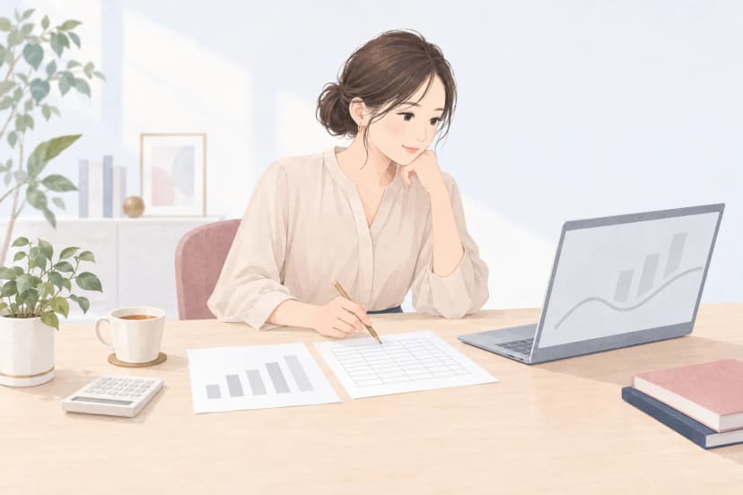 明るいオフィスの木の机で、ベージュのブラウスの20代後半の女性が、マス目だけの表の紙にペンを当てて確認している。左には棒の高さだけが並ぶ棒グラフの紙と電卓、紅茶のカップと観葉植物。右には棒と線だけのグラフが映るノートパソコンと、ピンクと紺の本が置かれている。