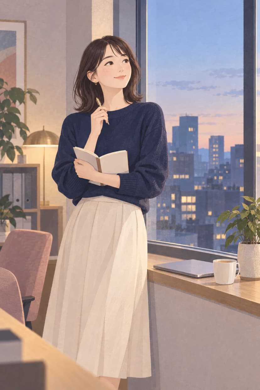 夕方のオフィスの高い窓のそばに、紺のニットとクリーム色のスカートの30代の女性が立っている。白い紙の開いた手帳を腕に抱え、ペンを口もとに当てて、少し上を見ながら穏やかにほほえみ、何かを思い出している様子。窓の外は淡い青と桃色の夕空と、明かりのともり始めた街のビル。窓辺の木の棚には、閉じた銀色のノートパソコン、湯気の立つカップ、鉢植えの観葉植物がある。