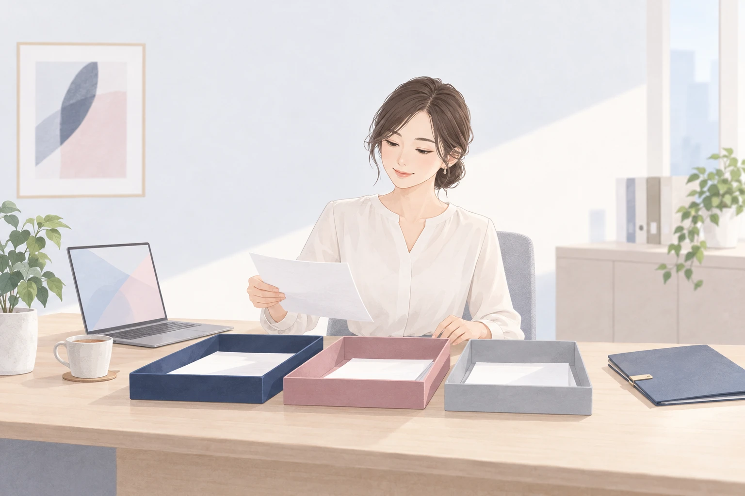 明るいオフィスの木の机で、白いブラウスの30代の女性が手に持った紙を読み、机に並べた紺とくすんだローズ色と灰色の3つの書類トレーのどれに入れるかを考えている。左には淡い模様だけが映るノートパソコンと観葉植物、紅茶のカップ。右には留め具の付いた閉じた紺のファイルが置かれている。
