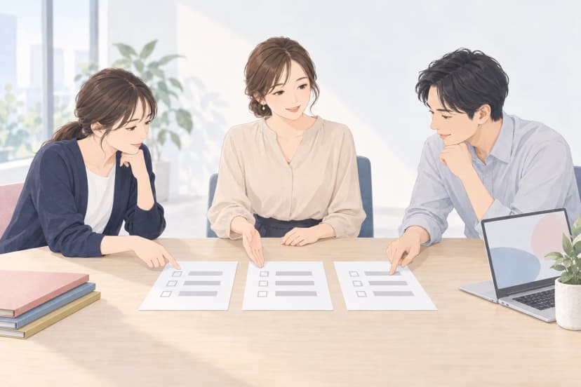 明るい会議室の木のテーブルで、ベージュのブラウスの30代の女性が、紺のカーディガンの女性と薄いグレーのシャツの男性と並んで座り、テーブルに並べた3枚の紙を指さしながら話し合っている。紙には灰色の線と空のチェック欄だけが描かれている。左に色違いのファイルの束、右にノートパソコンと観葉植物がある。