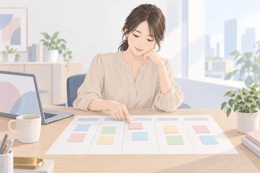 明るいオフィスの木の机で、ベージュのブラウスの30代前半の女性が、5つの空の列に分かれた大きな週の予定表の紙に、色とりどりの無地の付箋を並べている。右手の指で1枚の付箋を次の列へ動かし、左手はほおに添えて考えている。机の左にはやわらかな図形だけが映るノートパソコンとマグカップ、右には観葉植物と本がある。