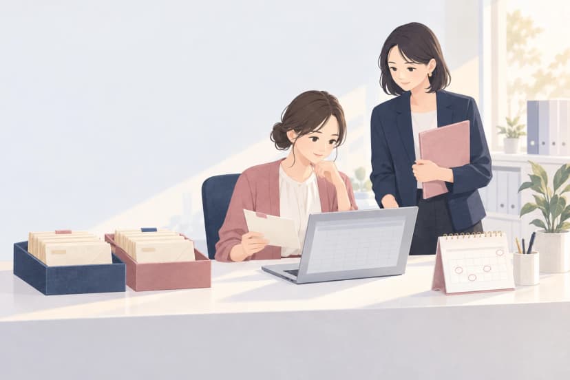 事務所の机で、30代の女性が紺と淡いピンクのトレーに分けた封筒の1通を手に取り、ノートパソコンの表と見比べている。横には同僚の女性がファイルを持って立ち、机の上には日付にいくつか丸をつけた卓上カレンダーがある。