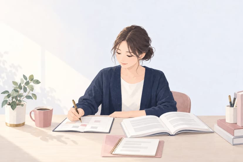 朝の明るい机で、紺のカーディガンを着た20代後半の女性が、週の予定表のマス目にペンで書き込んでいる。机には開いた教科書、ノート、コーヒーのカップ、観葉植物がある。