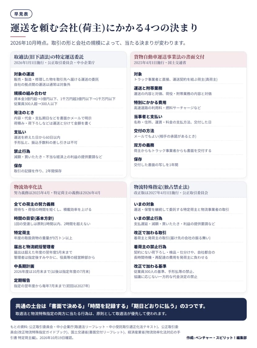 荷主にかかる4つの決まりを4つの区画に分けた早見表。取適法の特定運送委託(2026年1月1日施行): 販売・製造・修理した物を取引先へ届ける運送の委託が対象で自社の拠点間の運送は通常対象外、資本金3億円超から3億円以下、1千万円超3億円以下から1千万円以下、従業員300人超から300人以下の組み合わせ、内容・代金・支払期日などを書面かメールで明示し荷積み・荷下ろしは運送と分けて金額を書く、運送を終えた日から60日以内に支払い手形払と振込手数料の差し引きは不可、減額・買いたたき・不当な経済上の利益の提供要請などの禁止、取引の記録を2年間保存。貨物自動車運送事業法の書面交付(2025年4月1日施行): トラック事業者と直接運送契約を結ぶ荷主が対象、運送と附帯業務の内容と対価、高速道路の利用料・燃料サーチャージ、名称・住所・支払方法・交付日を書く、相手の承諾があればメール可、荷主とトラック事業者の双方の義務、写しを1年間保存。物流効率化法: 全ての荷主に荷待ち・荷役の時間短縮と積載効率向上の努力義務(2025年4月)、1回の受渡しは原則1時間以内で2時間を超えない、年度の取扱貨物9万トン以上は特定荷主、届出は超えた年度の翌年度5月末まで、物流統括管理者は指定後すみやかに役員等の経営幹部から選任、中長期計画は2026年度は10月末まで、定期報告は指定の翌年度から毎年7月末(初回は2027年)。物流特殊指定(改正版は2027年4月1日施行): いまは運送・保管を継続して委託する特定荷主と物流事業者の取引が対象で支払遅延・減額・買いたたきなどを禁止、改正で着荷主と発荷主の取引が加わり契約にない荷下ろし・検品・仕分けや自社都合の長時間待機・再配達の費用を発荷主に負わせることを禁止、従業員300人の基準と手形払等の禁止と協議に応じない一方的な代金決定の禁止も加わる。まとめ: 共通の土台は書面で決める・時間を記録する・期日どおりに払うの3つ。