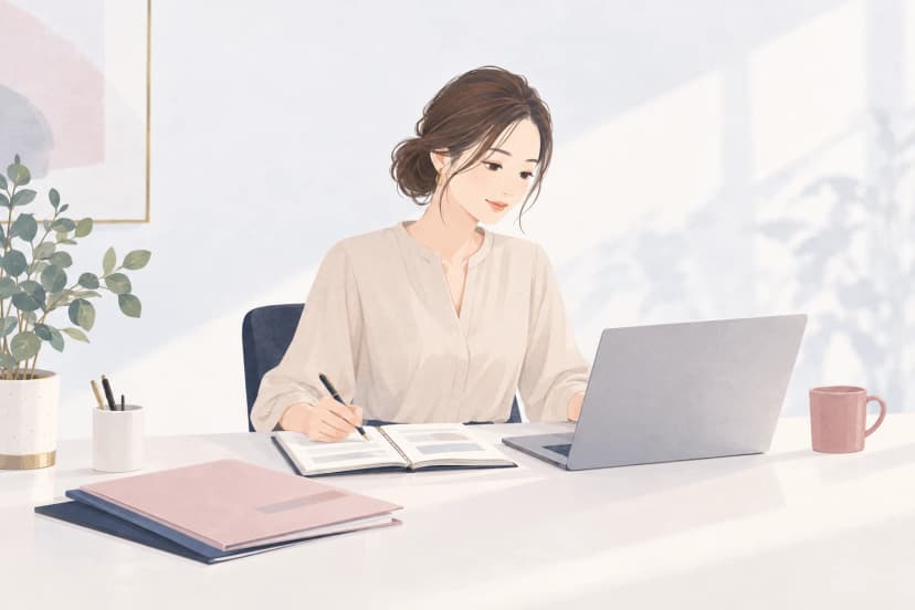 明るい事務室の机で、ベージュのブラウスを着た30代の女性が、開いたノートに書き込みながらノートパソコンに向かっている。机にはピンクのファイル、ペン立て、マグカップがあり、左に観葉植物が見える。