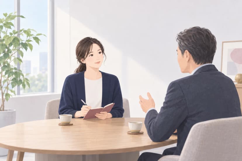 明るい会議室の丸いテーブルで、紺のカーディガンを着た30代前半の女性が、くすんだピンクの手帳にペンでメモを取りながら、向かいに座る上司の話を落ち着いて聞いている。上司は40代後半の男性で、手ぶりを交えて話している。机には湯のみが2つ、窓辺には観葉植物がある。