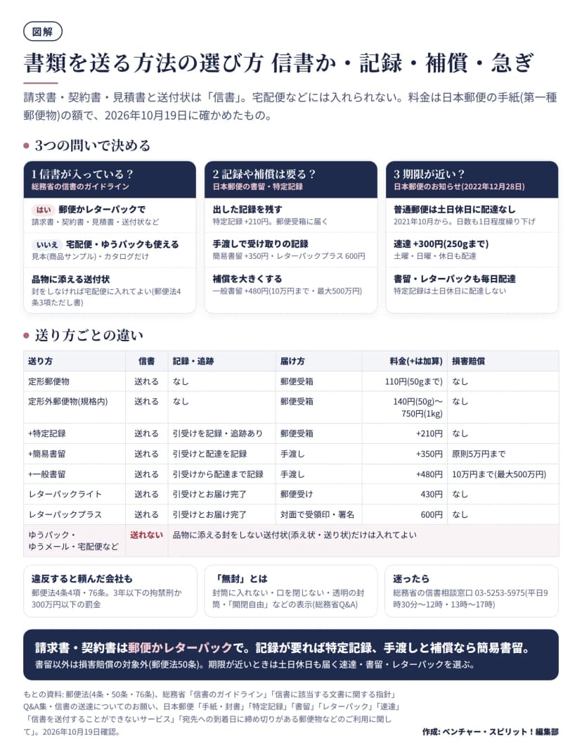 図解。上段は3つの問い。1 信書が入っているか(総務省の信書のガイドライン): はいなら郵便かレターパックで(請求書・契約書・見積書・送付状など)、いいえなら宅配便・ゆうパックも使える(見本・カタログだけ)、品物に添える送付状は封をしなければ宅配便に入れてよい(郵便法4条3項ただし書)。2 記録や補償は要るか: 出した記録を残すなら特定記録 +210円で郵便受箱に届く、手渡しで受け取りの記録なら簡易書留 +350円かレターパックプラス600円、補償を大きくするなら一般書留 +480円(10万円まで・最大500万円)。3 期限が近いか: 普通郵便は2021年10月から土日休日に配達なしで日数も1日程度繰り下げ、速達 +300円(250gまで)は土曜・日曜・休日も配達、書留・レターパックも毎日配達、特定記録は土日休日に配達しない。中段の表(料金は2026年10月19日時点・手紙): 定形郵便物は信書を送れる・記録なし・郵便受箱・110円(50gまで)・賠償なし。定形外郵便物(規格内)は140円(50g)から750円(1kg)・賠償なし。特定記録は引受けを記録・追跡あり・郵便受箱・+210円・賠償なし。簡易書留は引受けと配達を記録・手渡し・+350円・原則5万円まで。一般書留は引受けから配達まで記録・手渡し・+480円・10万円まで(最大500万円)。レターパックライトは引受けとお届け完了・郵便受け・430円・賠償なし。レターパックプラスは対面で受領印・署名・600円・賠償なし。ゆうパック・ゆうメール・宅配便などは信書を送れず、品物に添える封をしない送付状だけ入れてよい。下段: 違反すると頼んだ会社も郵便法4条4項・76条で3年以下の拘禁刑か300万円以下の罰金。無封とは封筒に入れない・口を閉じない・透明の封筒・開閉自由などの表示。迷ったら総務省の信書相談窓口 03-5253-5975(平日9時30分から12時・13時から17時)。まとめ: 請求書・契約書は郵便かレターパックで。記録が要れば特定記録、手渡しと補償なら簡易書留。書留以外は損害賠償の対象外(郵便法50条)。
