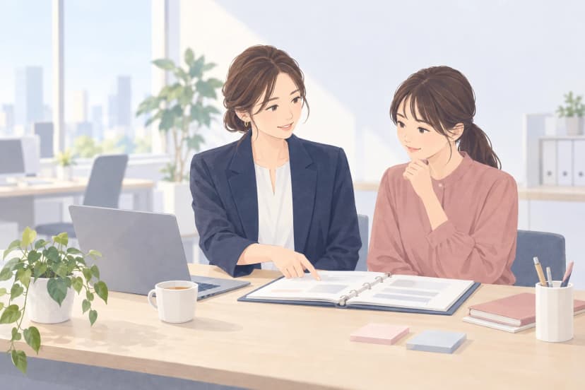 明るいオフィスの机で、紺のジャケットを着た30代の女性が、隣に座るピンクのブラウスの同僚に、開いたリングファイルを指さしながら仕事を説明している。机にはノートパソコン、マグカップ、付箋、観葉植物があり、窓から日が差している。