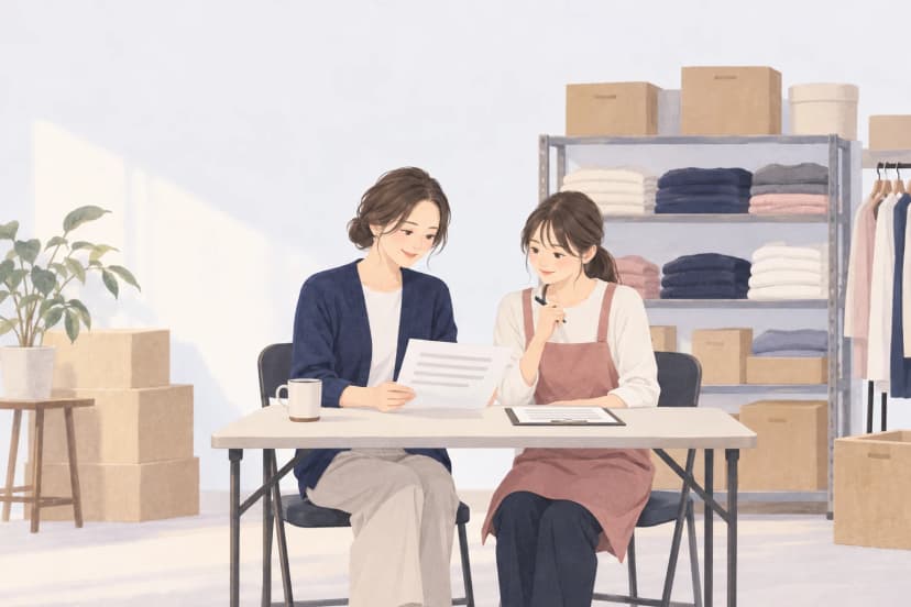 洋服店のバックヤードで、紺のカーディガンの店長とエプロン姿の若いアルバイトが並んで座り、1枚の書類を一緒に見ている。机には筆記用具とマグカップ、後ろの棚にたたんだセーターと段ボール箱が並ぶ。