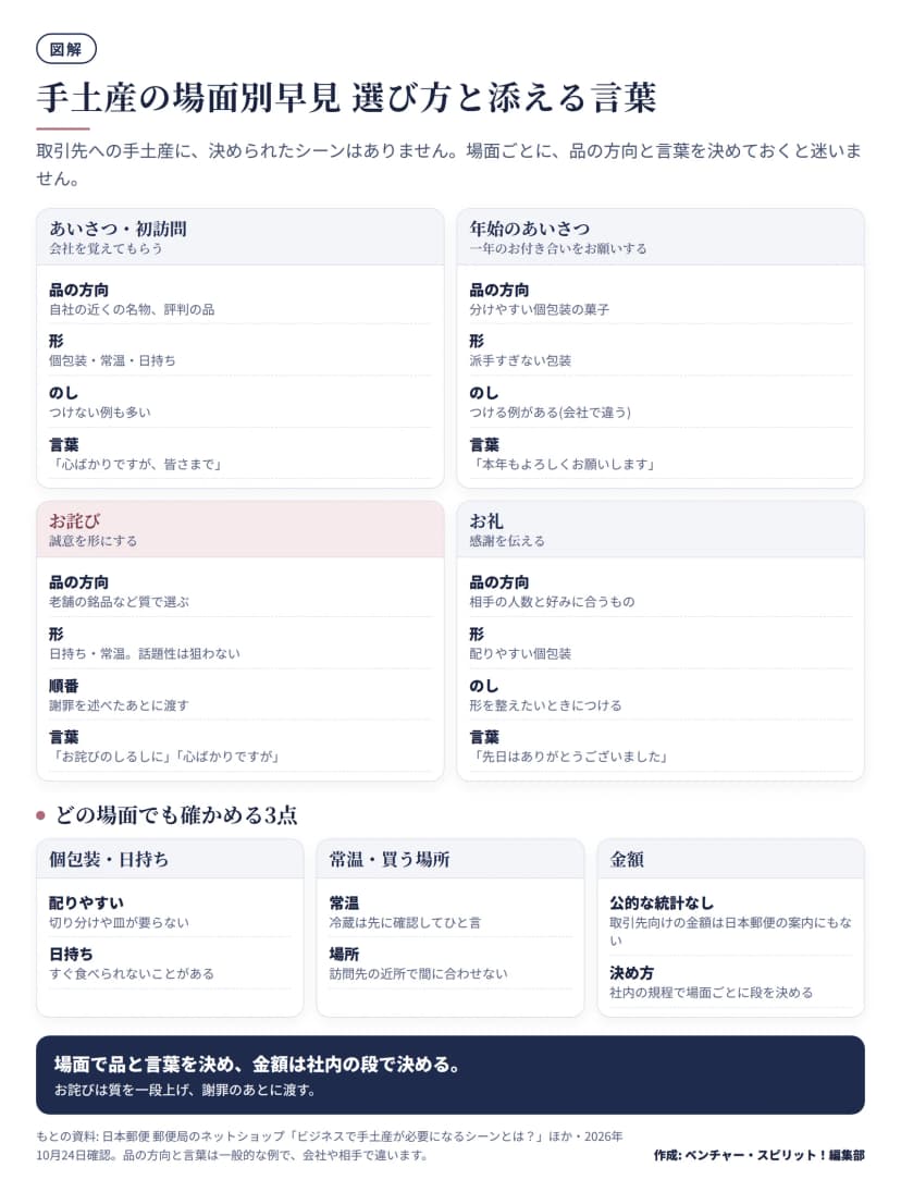 図解。場面別の早見。あいさつ・初訪問は自社の近くの名物、個包装・常温・日持ち、のしはつけない例も多い、言葉は心ばかりですが。年始のあいさつは分けやすい個包装の菓子、派手すぎない包装、のしは会社で違う、言葉は本年もよろしく。お詫びは老舗の銘品など質で選ぶ、謝罪のあとに渡す、お詫びのしるしに。お礼は相手の人数と好みに合うもの、配りやすい個包装。下段は個包装・日持ち、常温・買う場所、金額(公的な統計なし・社内の段で決める)。