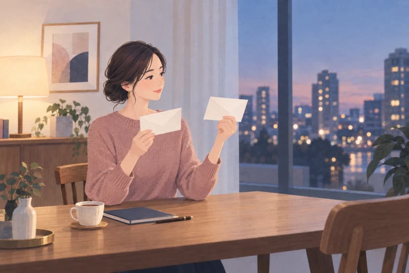 夕方、大きな窓から街の明かりが見える部屋で、ピンクのニットの女性が木のテーブルに座り、白い無地の封筒を両手に1通ずつ持って見比べている。テーブルには紅茶のカップとノートとペンがあり、左にはスタンドの明かりと観葉植物。文字やロゴはない。