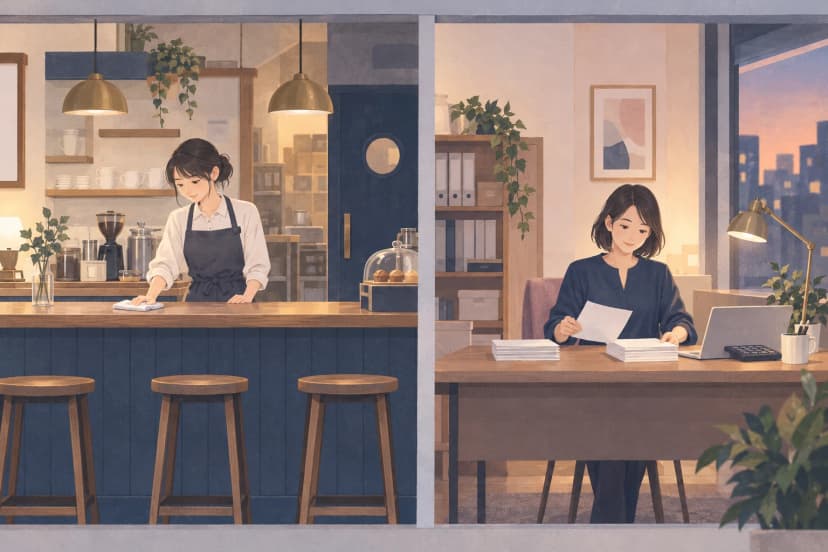 仕切りの左の小さなカフェで、エプロン姿の大学生がカウンターを拭いている。仕切りの右のオフィスでは、紺のブラウスの女性が夕方の机で白紙の書類を2つの山に分けている。