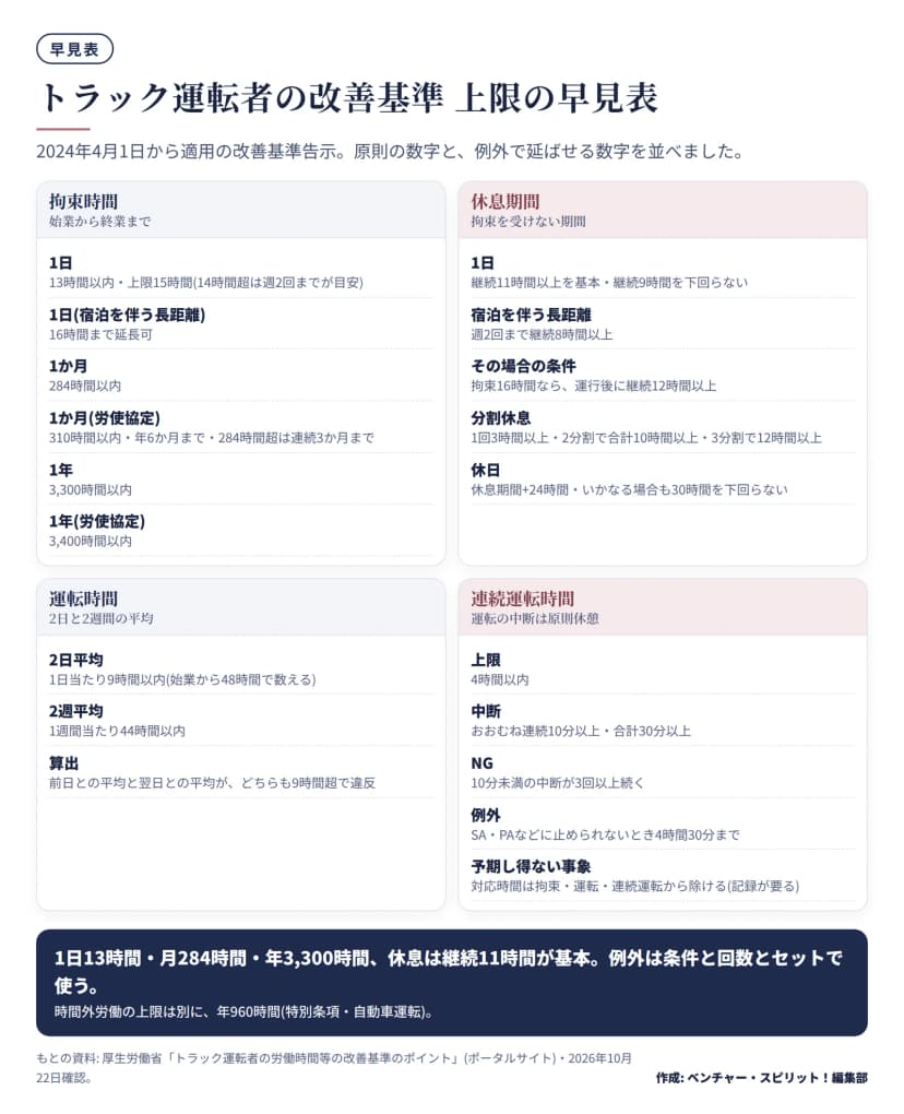 トラック運転者の改善基準告示の上限を4区画で示した図。拘束時間は1日13時間以内・上限15時間(14時間超は週2回までが目安)、宿泊を伴う長距離は16時間まで、1か月284時間以内(労使協定で310時間・年6か月まで・284時間超は連続3か月まで)、1年3,300時間以内(協定で3,400時間)。休息期間は継続11時間を基本に9時間を下回らない、宿泊を伴う長距離は週2回まで8時間以上、分割休息は1回3時間以上で2分割10時間・3分割12時間、休日は休息期間に24時間を足し30時間を下回らない。運転時間は2日平均9時間・2週平均44時間。連続運転は4時間以内で、中断はおおむね連続10分以上・合計30分以上。