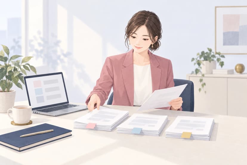 明るい部屋の机で、ローズ色のジャケットの30代の女性が、ふせんを付けた3つの紙の山の前で1枚の紙を読んでいる。横に開いたノートパソコンの画面には淡い色の四角形だけが並び、紺の手帳と紅茶のカップ、観葉植物が置かれている。