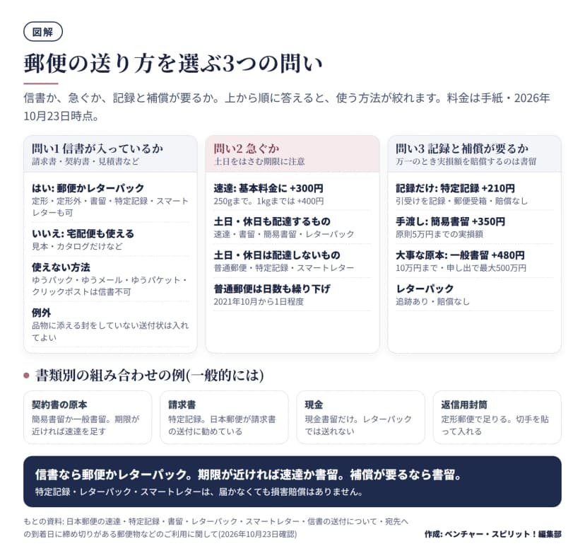 図解。郵便の送り方を選ぶ3つの問い。問い1 信書が入っているか: はいなら郵便かレターパック、いいえなら宅配便も使える、ゆうパック・ゆうメール・ゆうパケット・クリックポストは信書不可、品物に添える封をしていない送付状は入れてよい。問い2 急ぐか: 速達は基本料金に300円(250gまで)、土日休日も配達するのは速達・書留・簡易書留・レターパック、配達しないのは普通郵便・特定記録・スマートレター、普通郵便は2021年10月から日数も1日程度繰り下げ。問い3 記録と補償: 特定記録は210円で賠償なし、簡易書留は350円で原則5万円までの実損額、一般書留は480円で10万円まで最大500万円、レターパックは追跡ありで賠償なし。書類別の例は契約書の原本が簡易書留か一般書留、請求書が特定記録、現金が現金書留、返信用封筒が定形郵便。